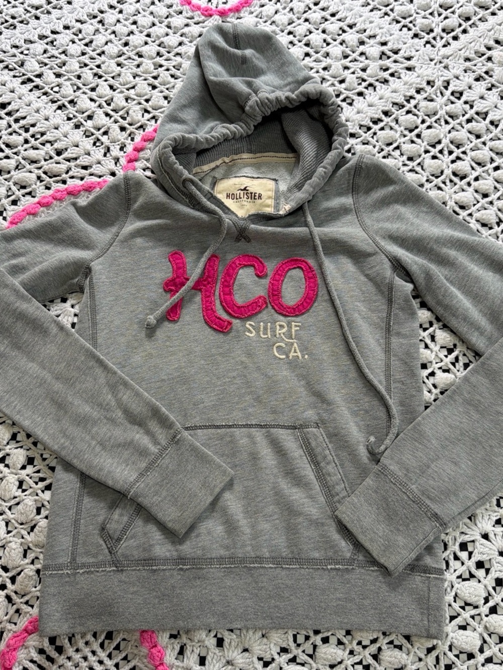 Hollister Gray Pullover Hoodie with Pink Logo Detail